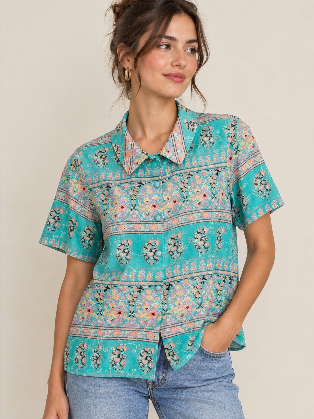 Vintage 80s Teal Floral Paisley Button Up Short Sleeve Blouse Top Korean